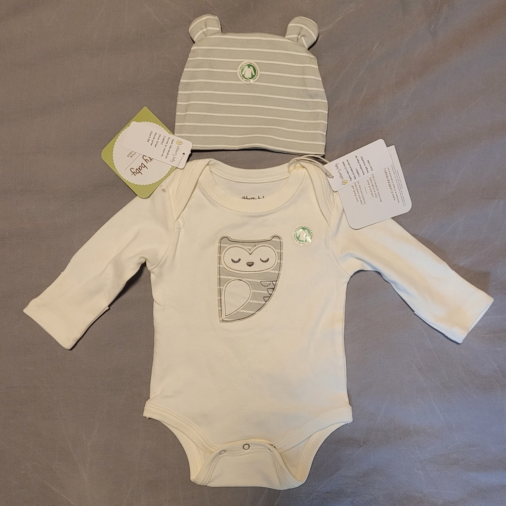 🧸2/20$ NWT Silkberry Baby Bodysuit with Matching Hat Size 3-6M Organic Cotton